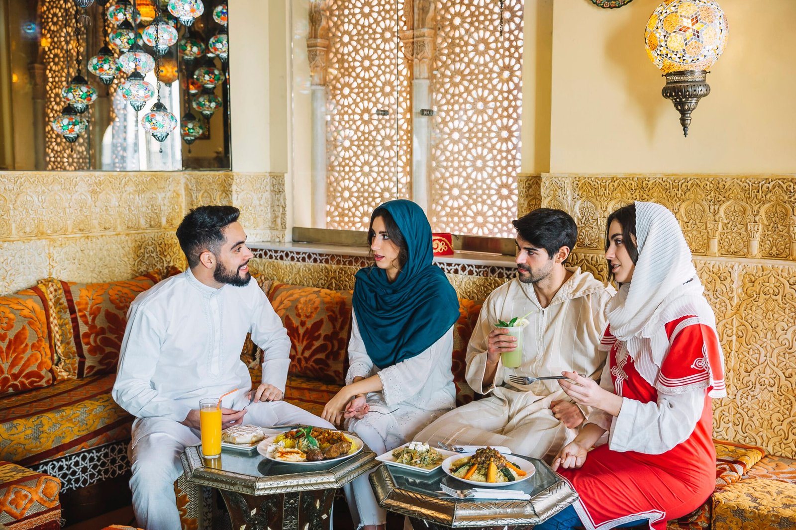 group-four-muslim-friends-restaurant